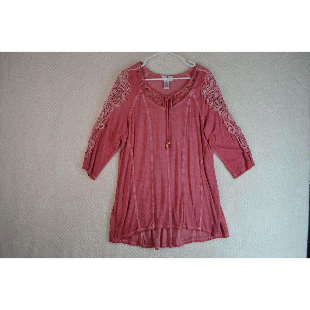 OSO Casuals Women's XL Cranberry Washed Look Lace Trim Knit Top